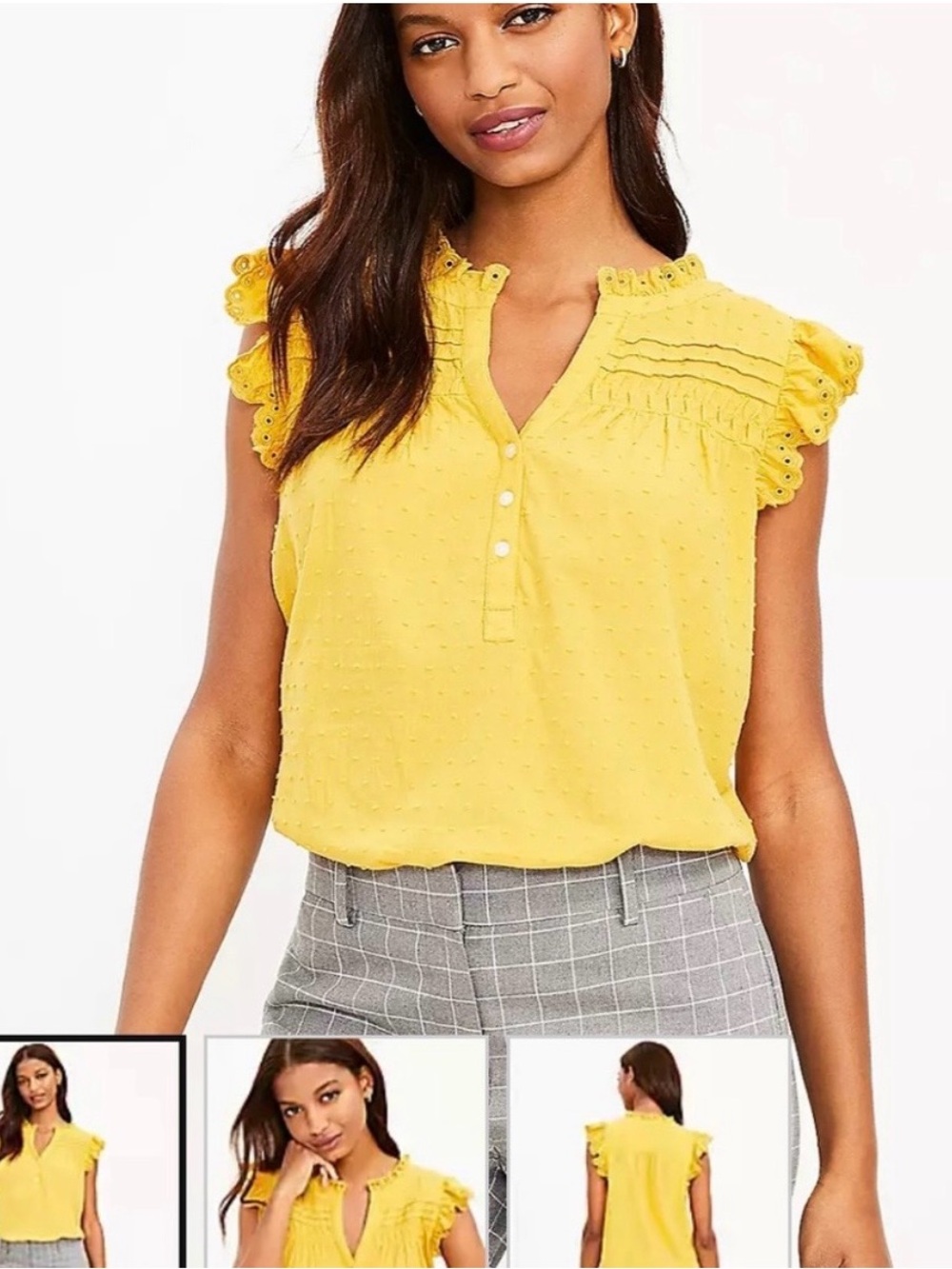 LOFT Yellow Eyelet Ruffle Split-Neck Blouse - Picture 4 of 8